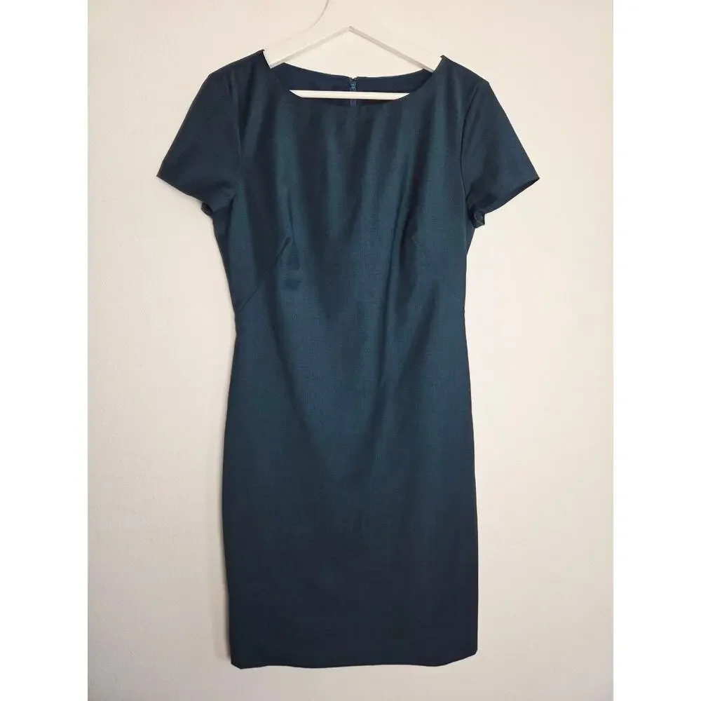 Theory Betty Dress 6 Blue Deep Teal Wool Blend Short Sleeves Sheath Career - Picture 2 of 14